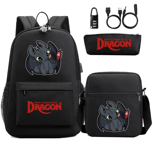 How to Train Your Dragon 3Pcs USB Anti-theft Lock Boy Girl Kids Back To School Book Bags Travel Backpack Shoulder Bag Pen Bags