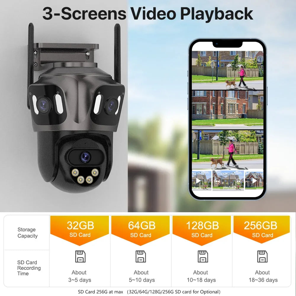 6K HD Outdoor Wifi PTZ Kamera Drei Objektiv 4K Dual Screen IP Kamera Auto Tracking Farbe Nacht Video Überwachung CCTV P2P iCsee
