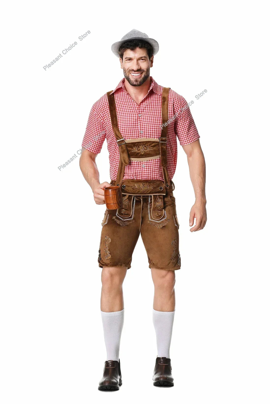 Männliches deutsches Oktoberfest-Lederhosen-Kostüm, kurzärmelig, Hosenträger, Strampler, Hemd, Hut, bayerisches Bierfest, Herren-Cosplay-Outfit