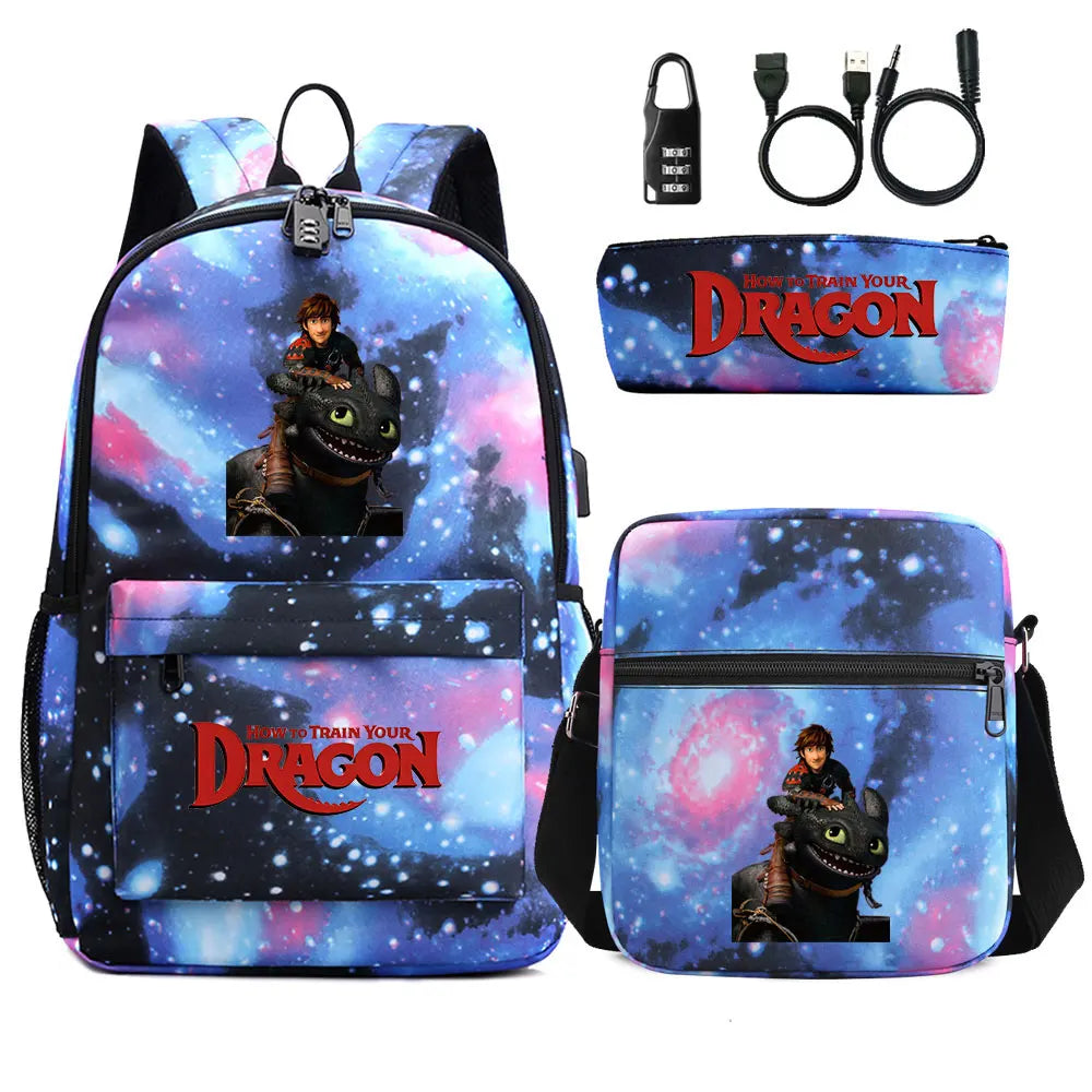 How to Train Your Dragon 3Pcs USB Anti-theft Lock Boy Girl Kids Back To School Book Bags Travel Backpack Shoulder Bag Pen Bags
