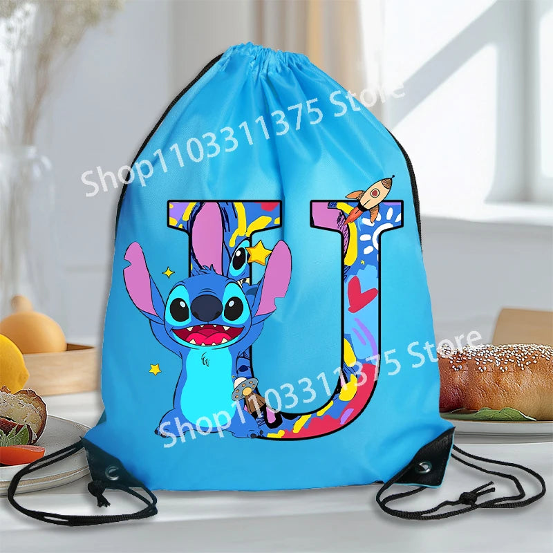Stitch Disney Waterproof Drawstring Bag Letter A-Z Cartoon Shoes Underwear Travel Sport Bags Nylon Clothes Packing Backpack Gift