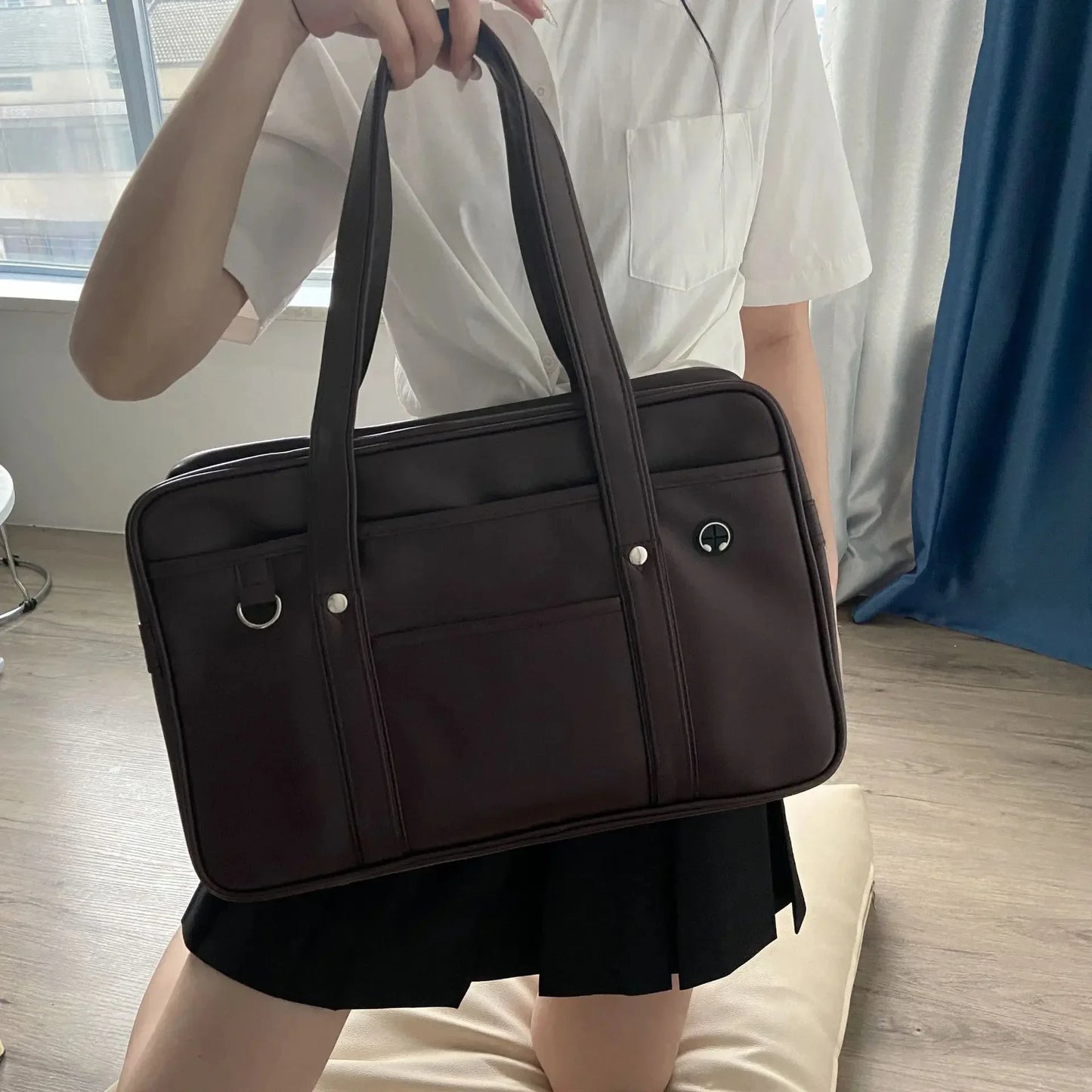 Schoolbag PU Leather Wide Application Japanese Handbag Large Capacity Waterproof