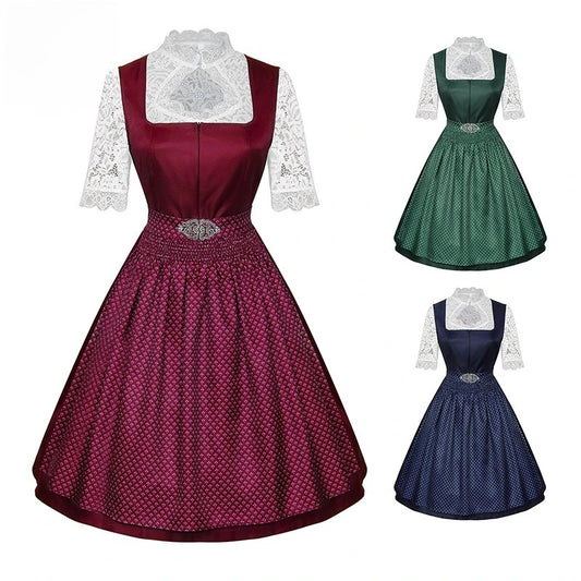 2025 Cosplay Kleid für Frauen Midi Rot Kostüm Kleid Oktoberfest Bier Maid Frauen Dirndl Kleid mit Spitze Schürze Mode Halloween