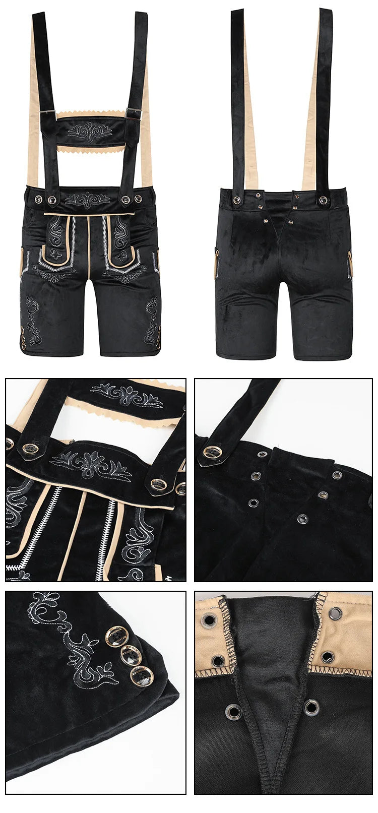VIP FASHION Deutsches Oktoberfest-Kostüm-Outfit Bayerische Lederhosen-Hosenträger für Herren Braun Schwarz Verstellbare Shorts mittlerer Länge