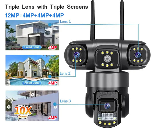 V380 Pro WiFi-IP-Kamera für den Außenbereich, 12 MP, 6K, dreifache Linsen, dreifache Bildschirme, Sicherheitsvideomonitor, Nachtsicht, wasserdichte CCTV-Kameras