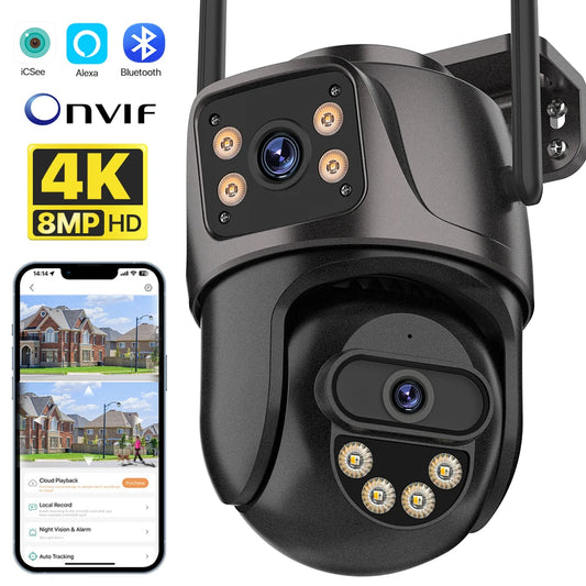 Outdoor security camera with smartphone app display, featuring 4K and 8MP HD resolution.
