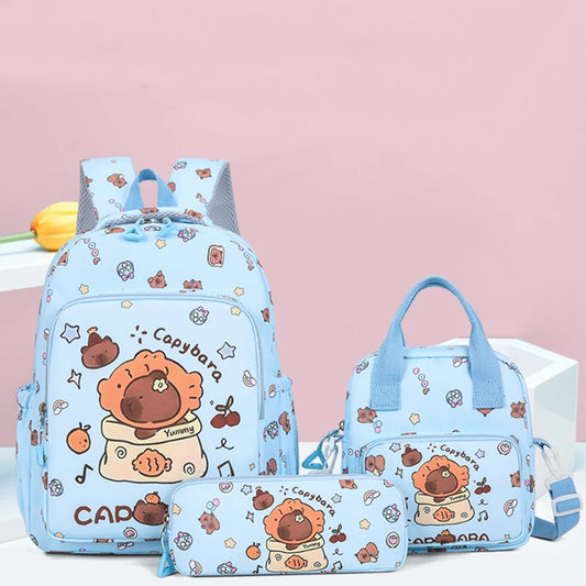 3in1 School Backpack Set Nylon Cute Bookbag Going Out Cartoon Laptop Travel Bag Breathable Back Large Capacity Cute Capybara Bag