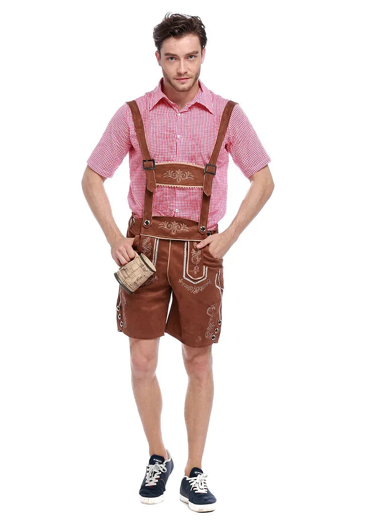 Männliches deutsches Oktoberfest-Lederhosen-Kostüm, kurzärmelig, Hosenträger, Strampler, Hemd, Hut, bayerisches Bierfest, Herren-Cosplay-Outfit
