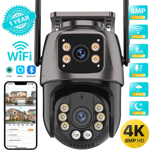 4K 8MP HD Wifi PTZ-Kamera für den Außenbereich, 4MP, Doppelobjektiv, Doppelbildschirm, AI-Auto-Tracking, IP-Kamera, CCTV, Audio-Videoüberwachung, P2P, iCSee