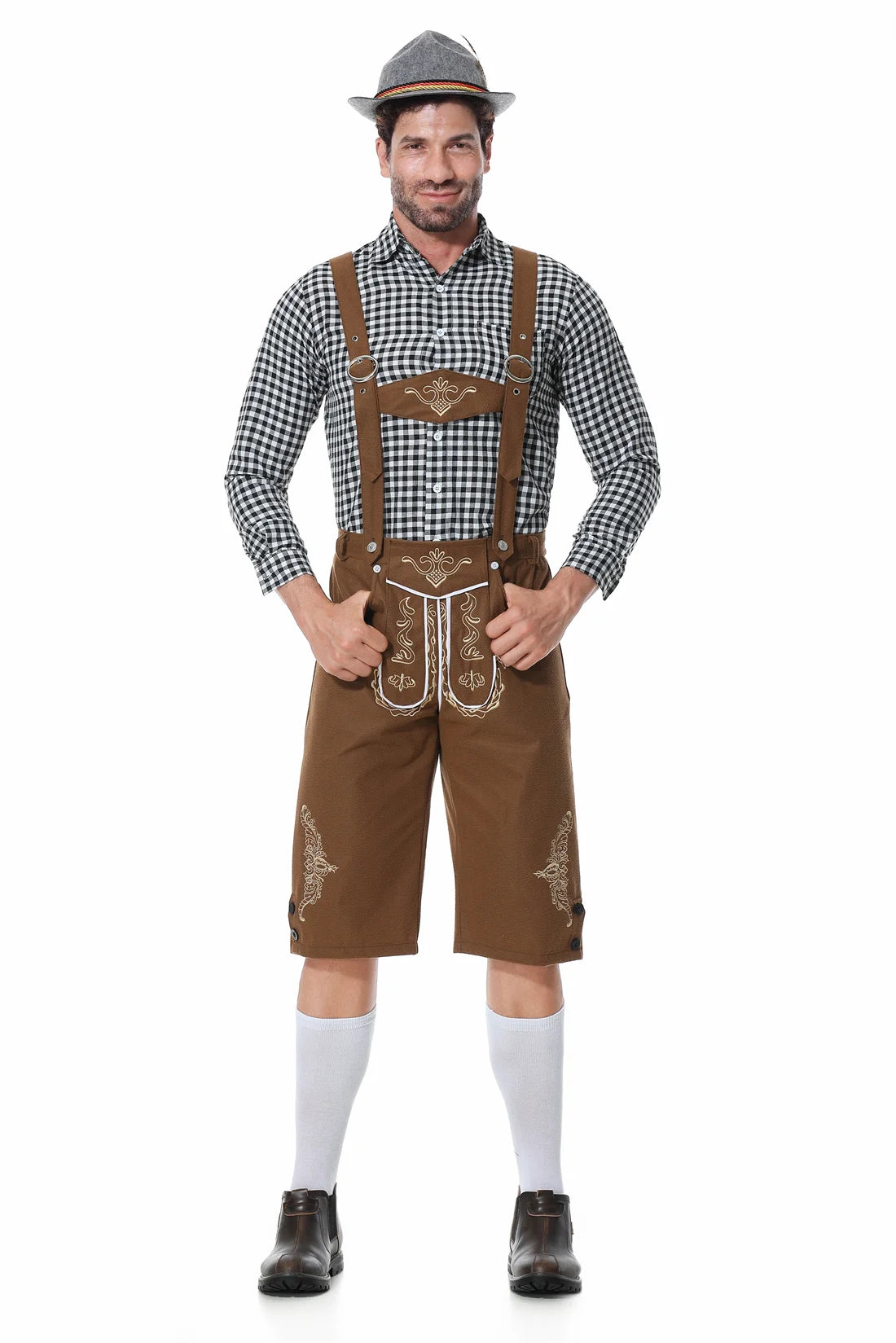 M-XXL Herren Oktoberfest Lederhosen Kostüm Langarm Hosenträger Strampler Hemd Hut Deutsches Bayerisches Bierfest Cosplay Outfit