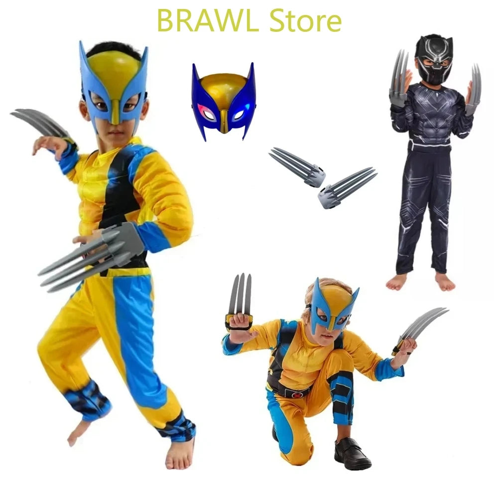 Wolverine Cosplay Kostüm Kinder Wolf Schwarz Superheld Panther Claws Maske Overall Halloween Bodysuit Muskelanzug für Kindergeschenk