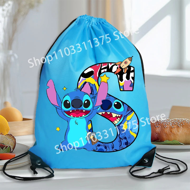 Stitch Disney Waterproof Drawstring Bag Letter A-Z Cartoon Shoes Underwear Travel Sport Bags Nylon Clothes Packing Backpack Gift