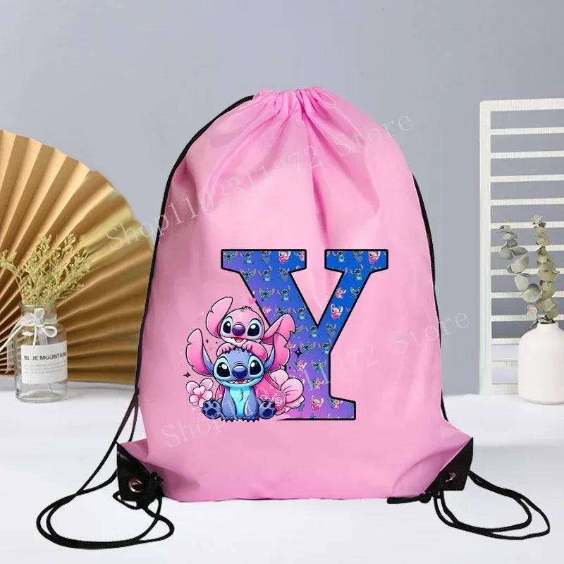 Disney Stitch Drawstring Bag Letter A-Z Printed Girl Kids Adult Gym PE Kit Sack Dance Portable Waterproof Light Travel Pouch Bag