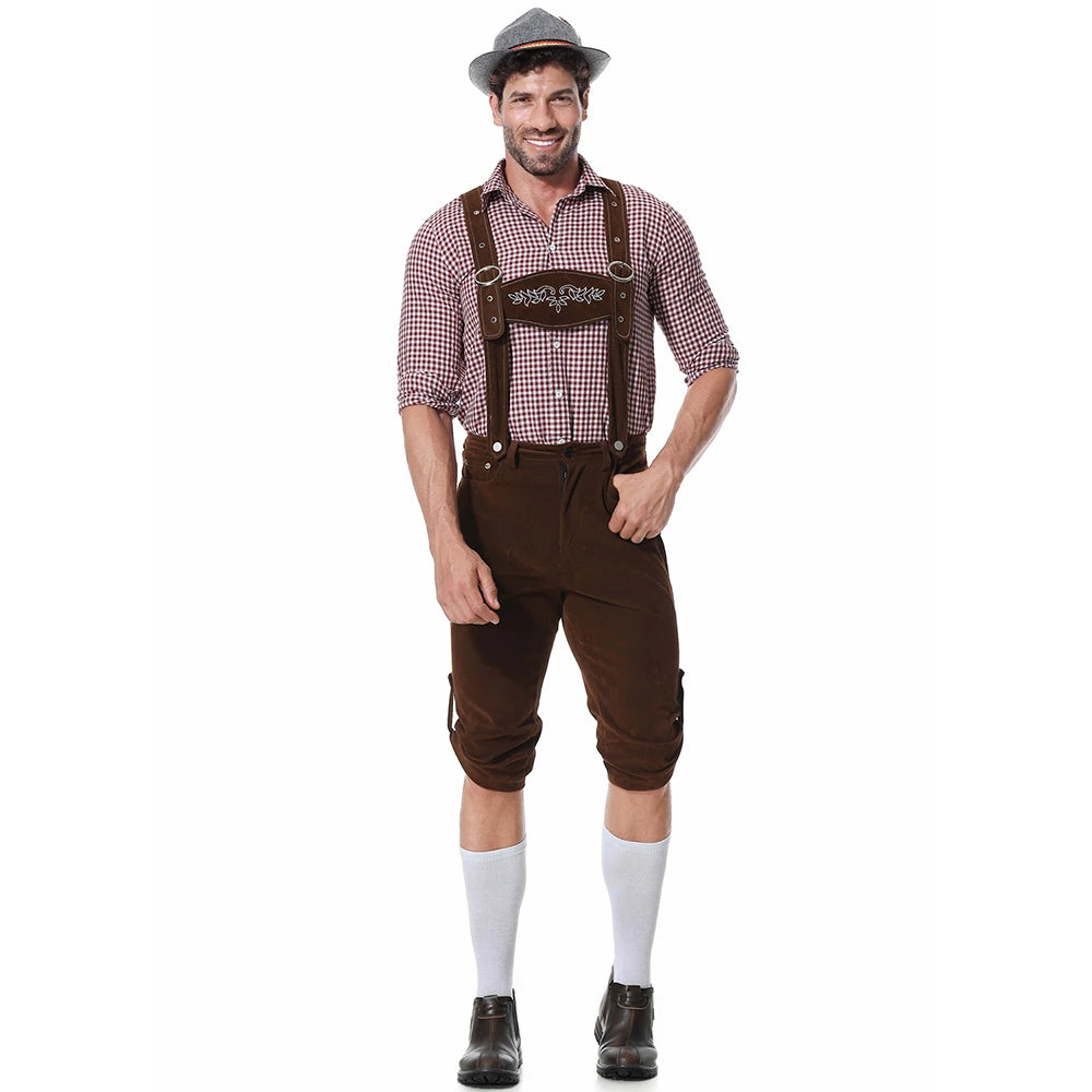 Dreiteiliges Set Oktoberfest Lederhosen Kostüm für Herren Bayerische Deutsche Bierfeste Hosenträger Hemd Hut Cosplay Bier Outfits