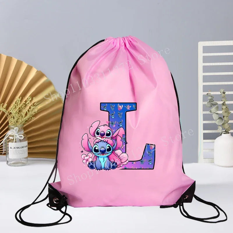 Disney Stitch Drawstring Bag Letter A-Z Printed Girl Kids Adult Gym PE Kit Sack Dance Portable Waterproof Light Travel Pouch Bag