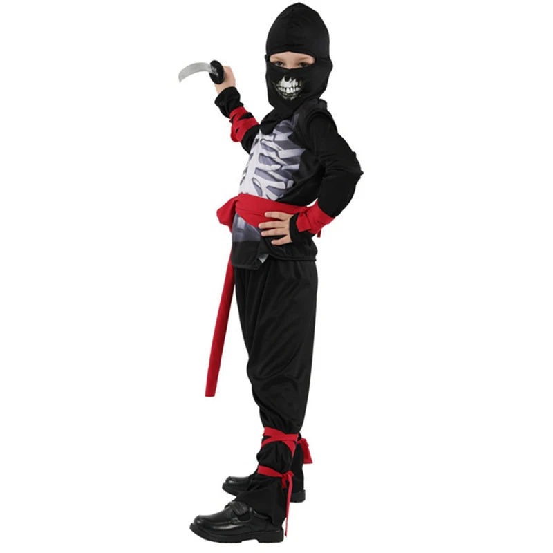 Jungen Schwarzes Skelett Totenkopf Ninja Kostüm Shinobi Schwert Katana Rucksack Set Kinder Silber Drachen Ninja Halloween Kostüm