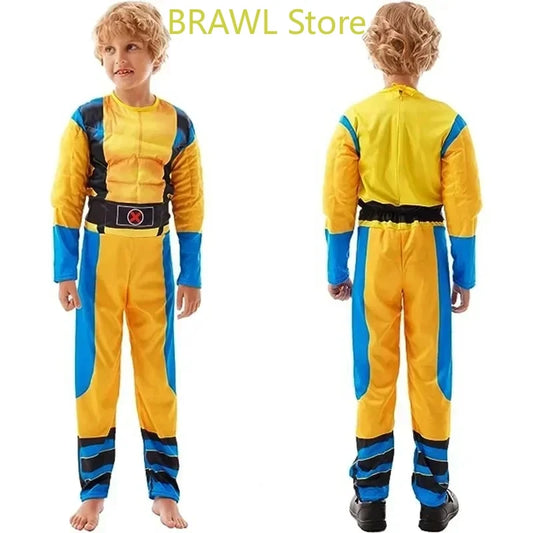 Wolverine Cosplay Kostüm Kinder Wolf Schwarz Superheld Panther Claws Maske Overall Halloween Bodysuit Muskelanzug für Kindergeschenk