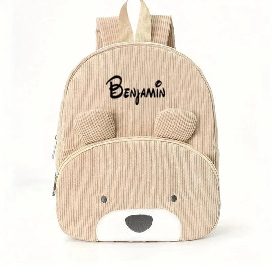 Customized Name Toddler Backpack - Cartoon Bear Corduroy Bag with Large Capacity, Embroidered Name Plush Backpack for Kids