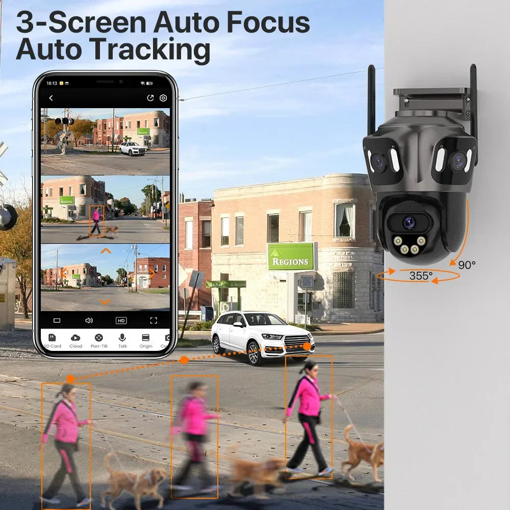 6K HD Outdoor Wifi PTZ Kamera Drei Objektiv 4K Dual Screen IP Kamera Auto Tracking Farbe Nacht Video Überwachung CCTV P2P iCsee