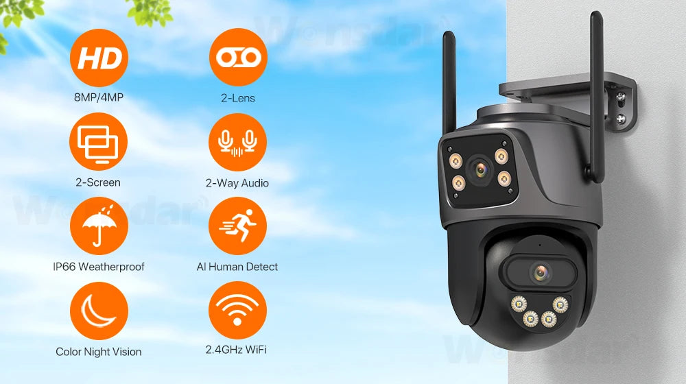 4K 8MP PTZ WIFI-Kamera Dual Lens Dual Screen IP-Kamera Outdoor 4MP HD Auto Tracking Sicherheitsschutz CCTV-Überwachung iCSee
