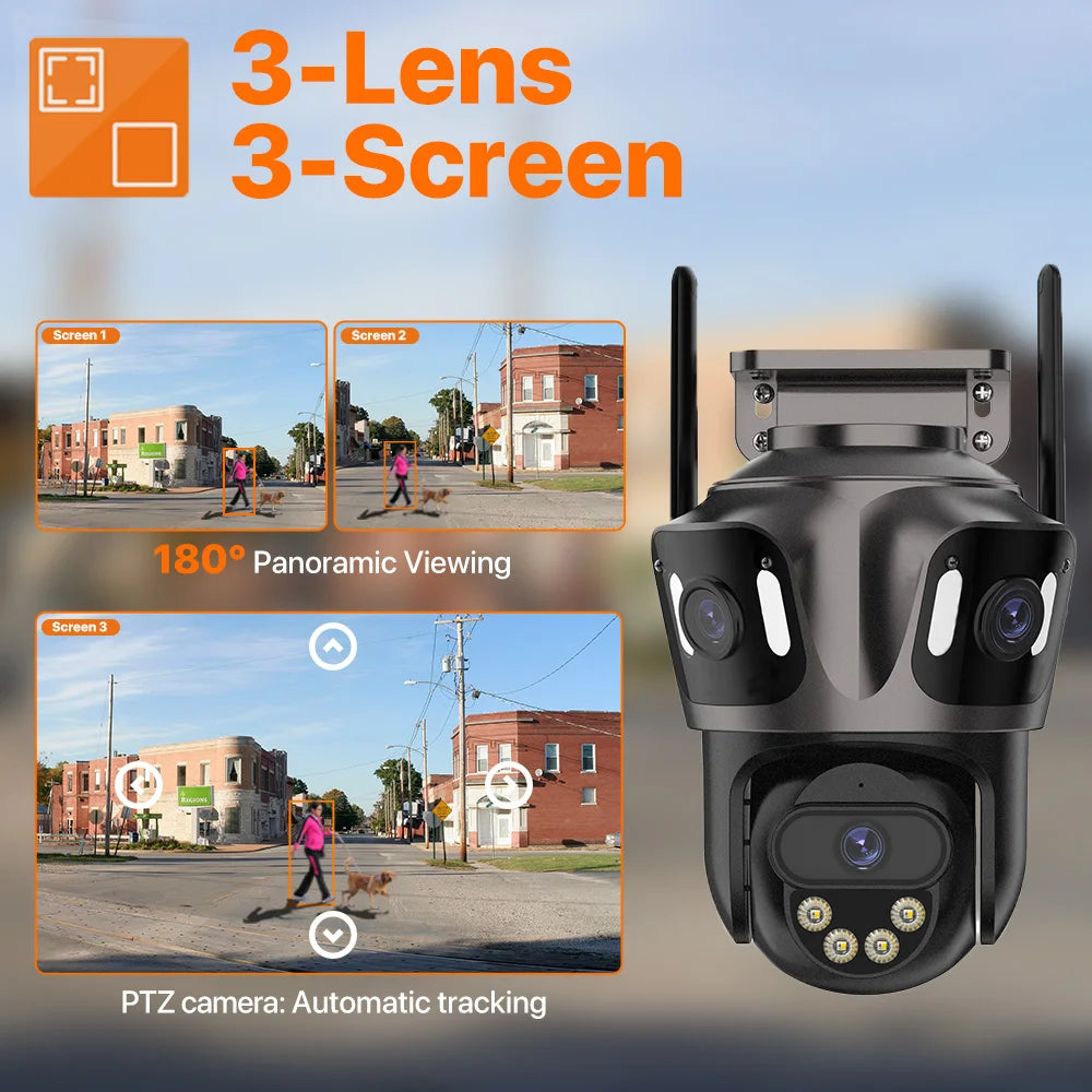 6K HD Outdoor Wifi PTZ Kamera Drei Objektiv 4K Dual Screen IP Kamera Auto Tracking Farbe Nacht Video Überwachung CCTV P2P iCsee