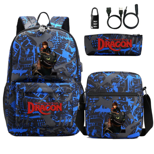 How to Train Your Dragon 3Pcs USB Anti-theft Lock Boy Girl Kids Back To School Book Bags Travel Backpack Shoulder Bag Pen Bags