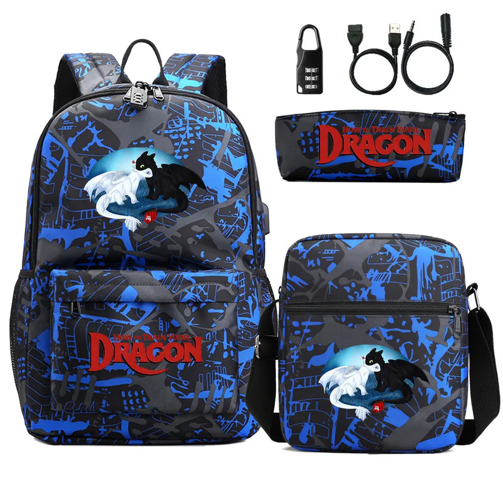 How to Train Your Dragon 3Pcs USB Anti-theft Lock Boy Girl Kids Back To School Book Bags Travel Backpack Shoulder Bag Pen Bags