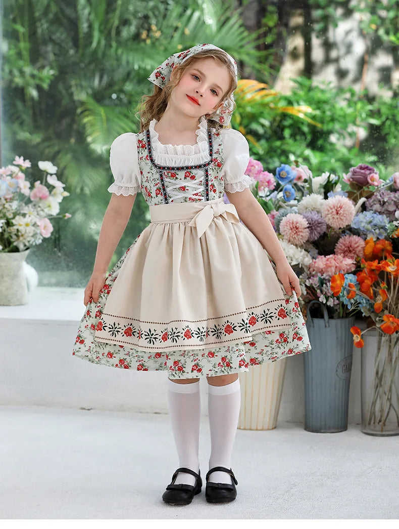 IOOTIANY Deutsches Münchner Oktoberfest Kinder Mädchen Blume Rüschen Spitze Lolita Pastoral Kleid Dienstmädchen Cosplay Performance Kostüm Set