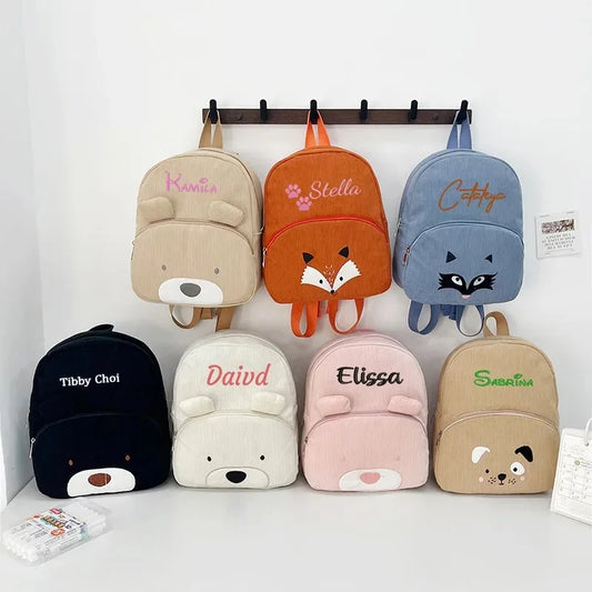 Customized Name Toddler Backpack - Cartoon Bear Corduroy Bag with Large Capacity, Embroidered Name Plush Backpack for Kids