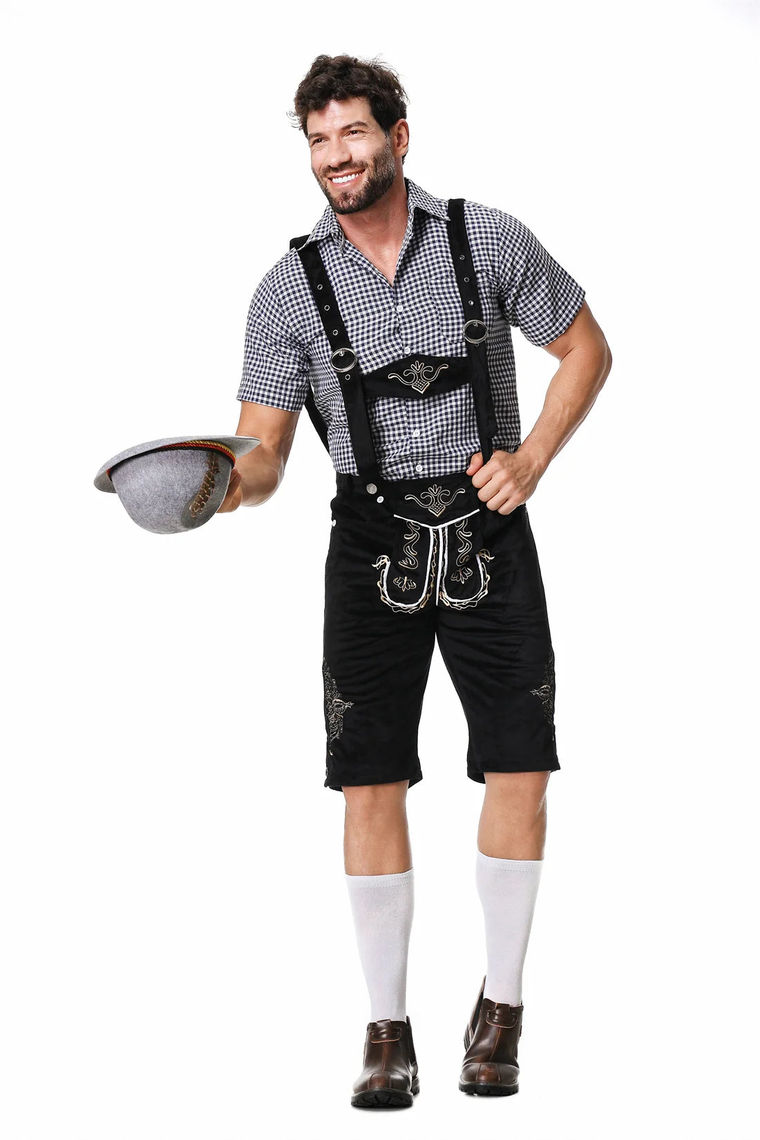 M-XXL Deutsches Oktoberfest Lederhosen Kostüm Kurzarm Kariertes Hemd Hosenträger Hut Set Bierfest Männlich Cosplay Halloween