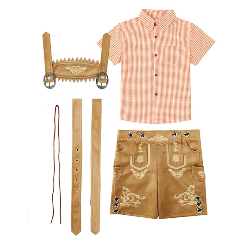 NEU Bayerisches Nationales Oktoberfest-Kostüm für Jungen, Flanell-Lederhosen, kariertes Hemd, Cosplay, Karneval, Halloween, ausgefallenes Partykleid