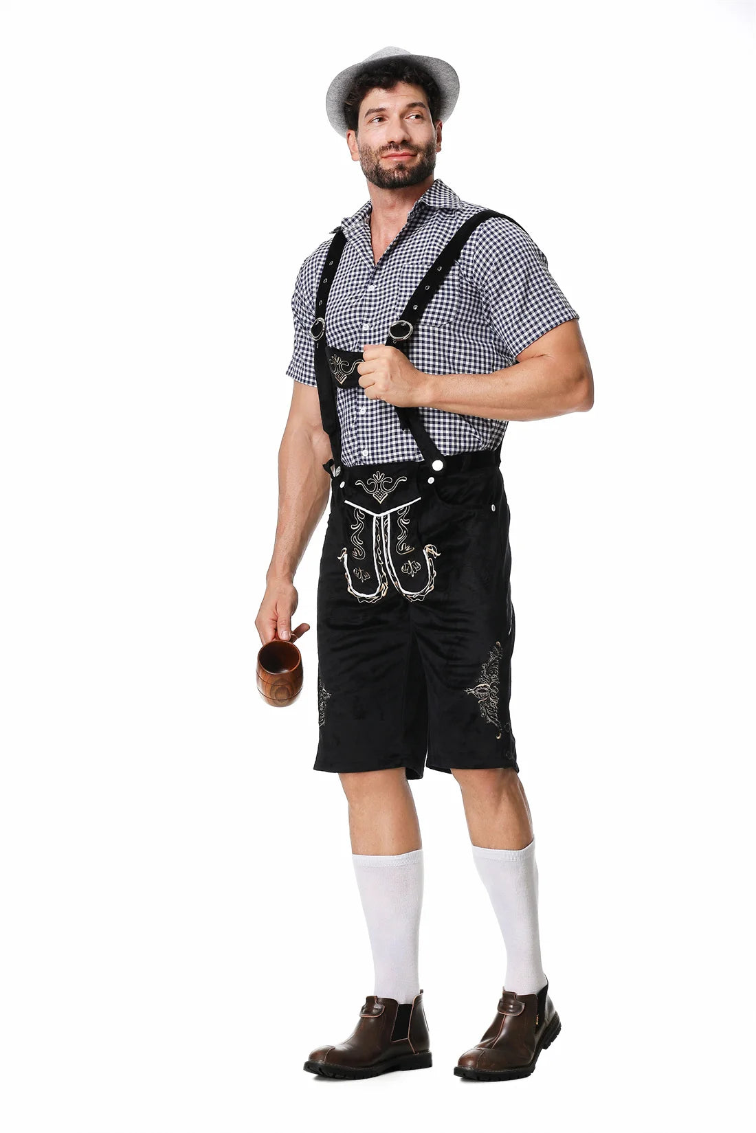 M-XXL Deutsches Oktoberfest Lederhosen Kostüm Kurzarm Kariertes Hemd Hosenträger Hut Set Bierfest Männlich Cosplay Halloween