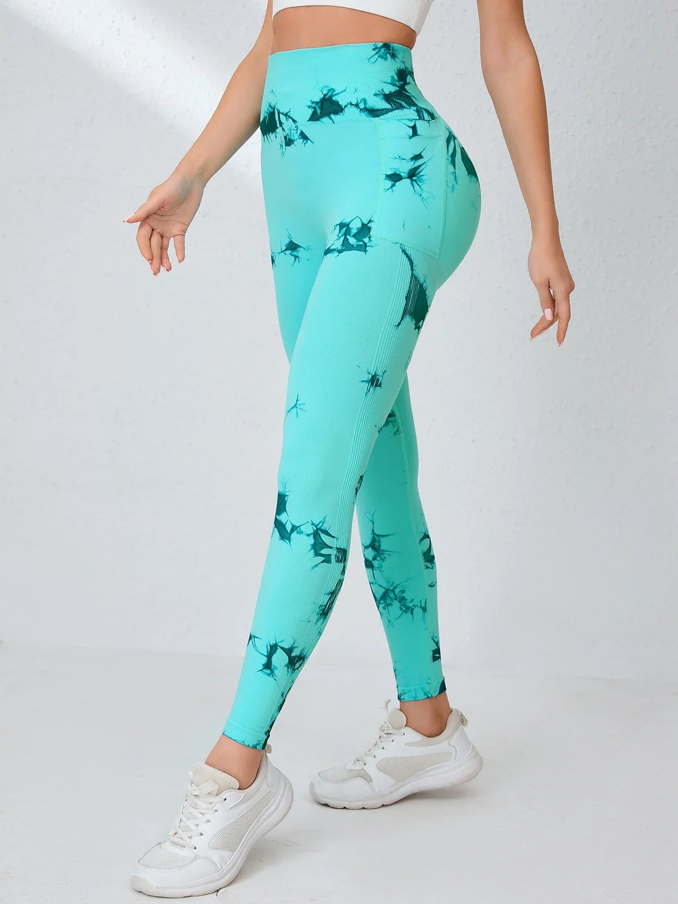 Nahtlose Workout-Leggings mit Batikmuster und hoher Taille für Damen, Scrunch Butt Lifting, Yoga, Fitnessstudio, Sporthose mit Taschen
