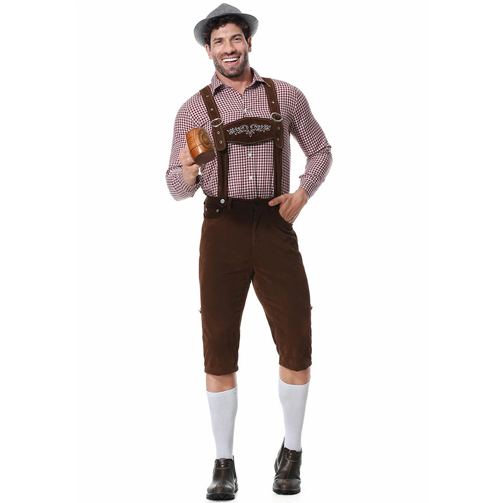 Dreiteiliges Set Oktoberfest Lederhosen Kostüm für Herren Bayerische Deutsche Bierfeste Hosenträger Hemd Hut Cosplay Bier Outfits