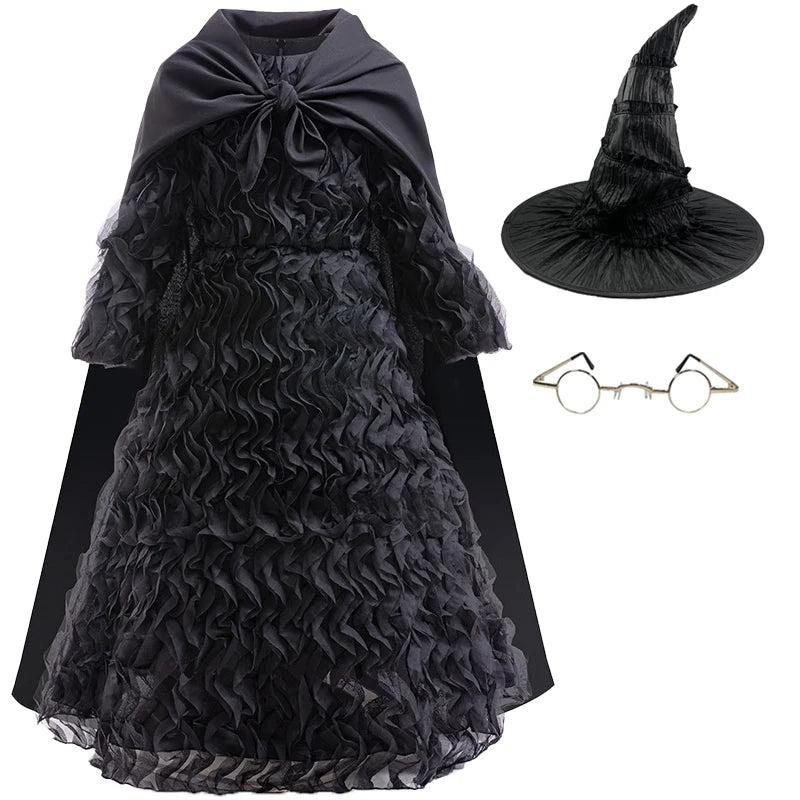 Neues böses Elphaba-Kleid, Halloween-Kostüm, Mädchen, Cosplay, Film, gleiches Kleid, 4–12 Jahre alt, schwarzes Kleid + Hut
