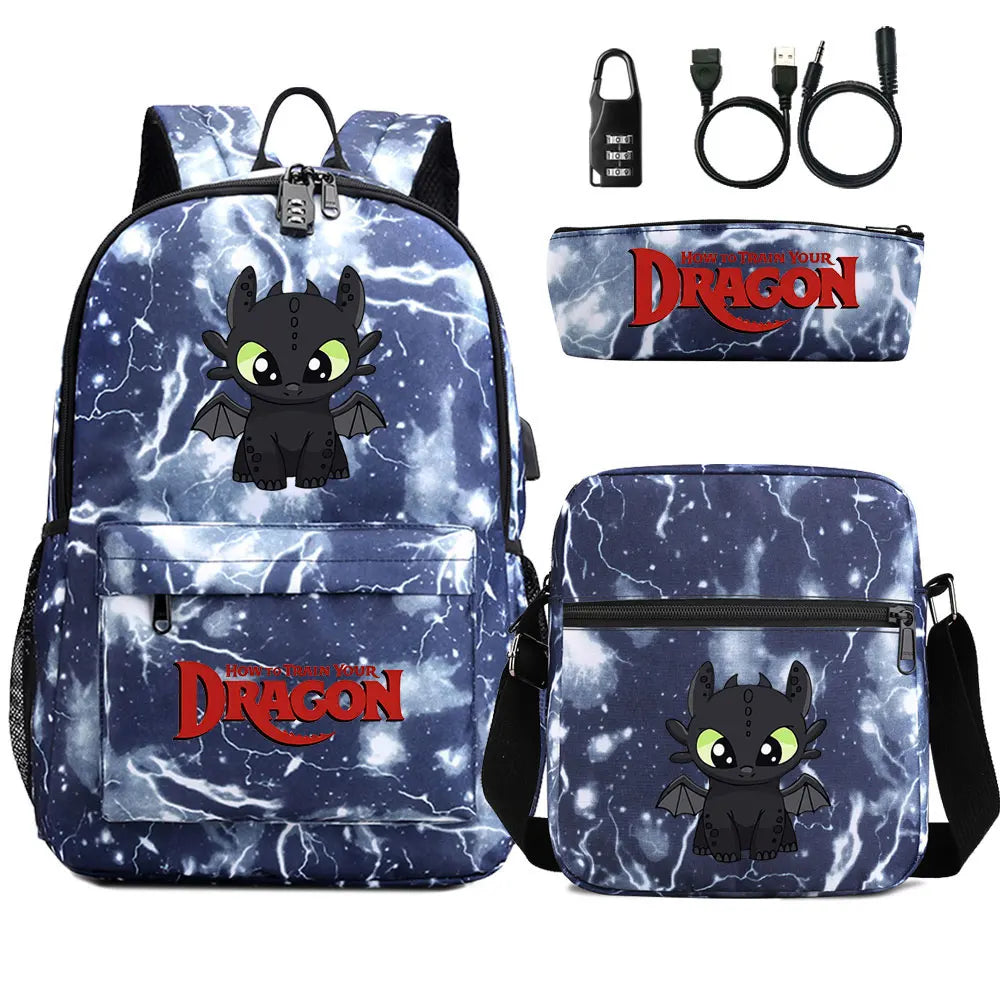 How to Train Your Dragon 3Pcs USB Anti-theft Lock Boy Girl Kids Back To School Book Bags Travel Backpack Shoulder Bag Pen Bags