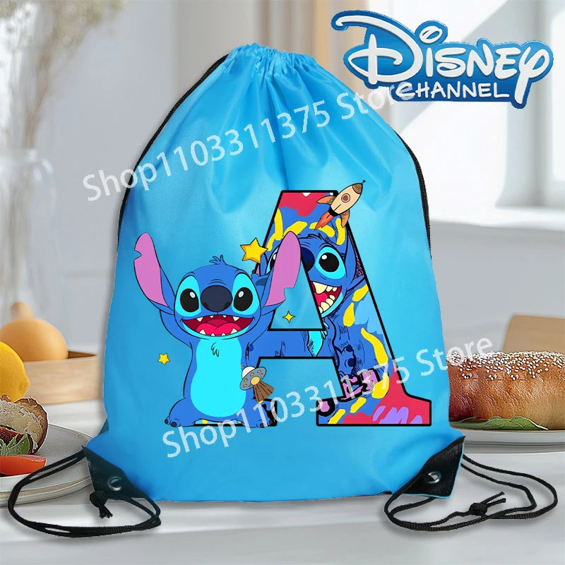 Stitch Disney Waterproof Drawstring Bag Letter A-Z Cartoon Shoes Underwear Travel Sport Bags Nylon Clothes Packing Backpack Gift