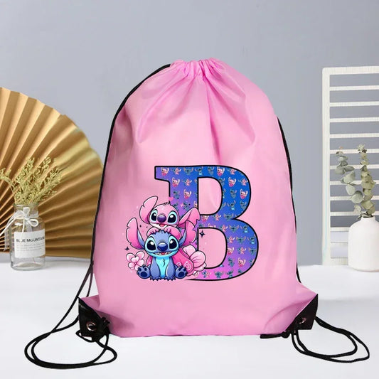 Disney Stitch Drawstring Bag Letter A-Z Printed Girl Kids Adult Gym PE Kit Sack Dance Portable Waterproof Light Travel Pouch Bag