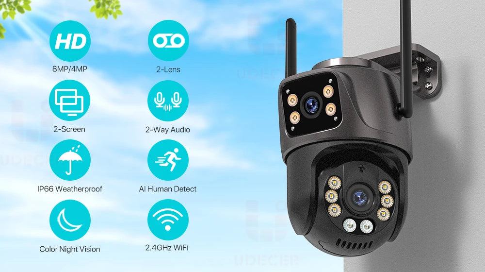 4K 8MP HD Wifi PTZ-Kamera für den Außenbereich, 4MP, Doppelobjektiv, Doppelbildschirm, AI-Auto-Tracking, IP-Kamera, CCTV, Audio-Videoüberwachung, P2P, iCSee