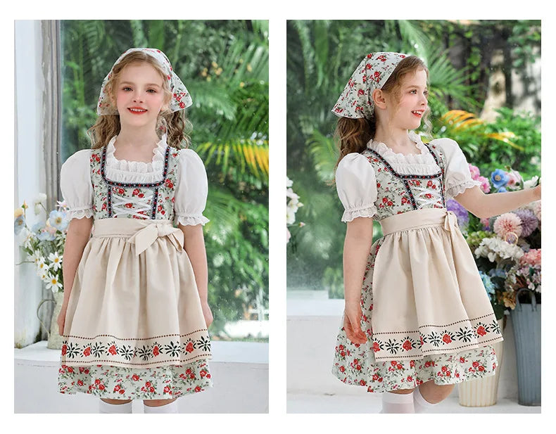 IOOTIANY Deutsches Münchner Oktoberfest Kinder Mädchen Blume Rüschen Spitze Lolita Pastoral Kleid Dienstmädchen Cosplay Performance Kostüm Set