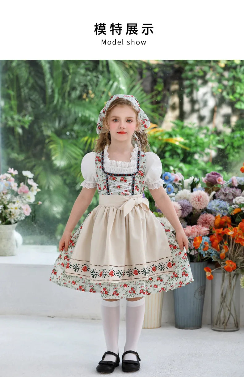 IOOTIANY Deutsches Münchner Oktoberfest Kinder Mädchen Blume Rüschen Spitze Lolita Pastoral Kleid Dienstmädchen Cosplay Performance Kostüm Set