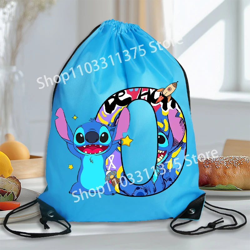 Stitch Disney Waterproof Drawstring Bag Letter A-Z Cartoon Shoes Underwear Travel Sport Bags Nylon Clothes Packing Backpack Gift