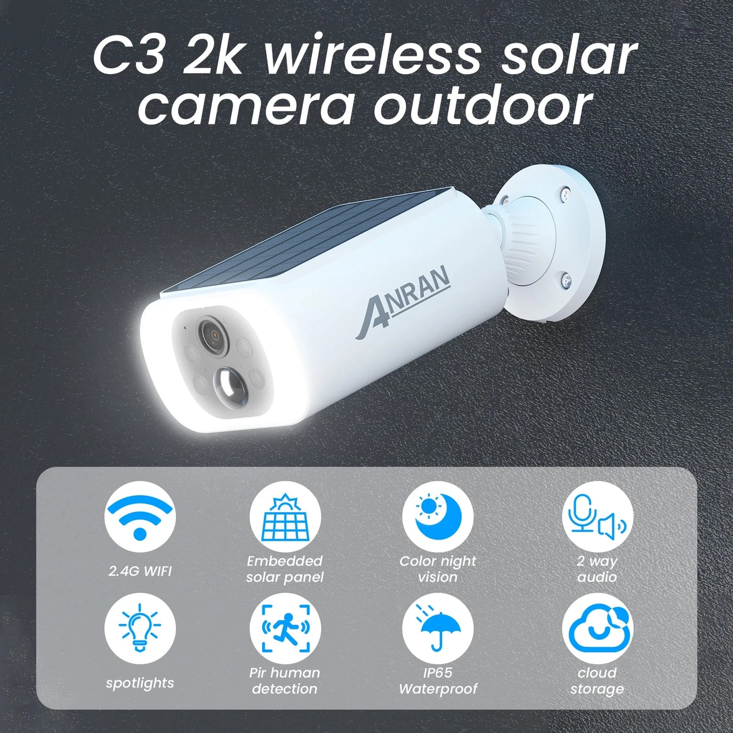 ANRAN 2K Solar-Sicherheitskamera, 3 MP, für den Außenbereich, kabellos, 2,4 G, WLAN-Kamera, Akku-Kamera, Flutlicht, Farb-Nachtsicht, NVR kann nicht hinzugefügt werden