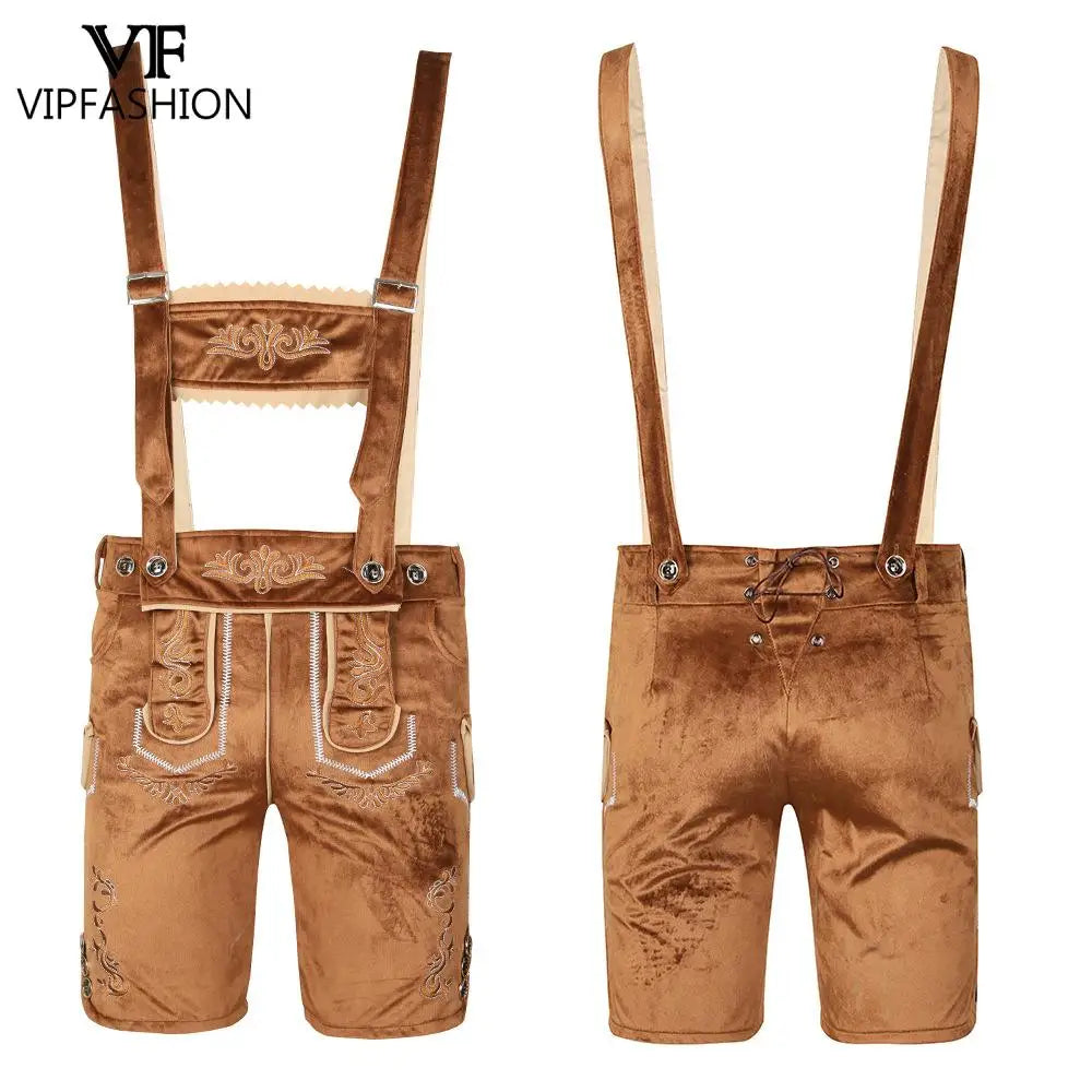 VIP FASHION Deutsches Oktoberfest-Kostüm-Outfit Bayerische Lederhosen-Hosenträger für Herren Braun Schwarz Verstellbare Shorts mittlerer Länge