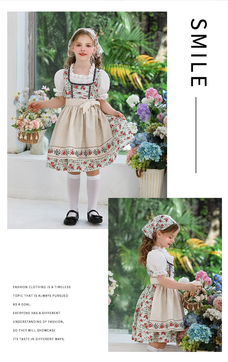 IOOTIANY Deutsches Münchner Oktoberfest Kinder Mädchen Blume Rüschen Spitze Lolita Pastoral Kleid Dienstmädchen Cosplay Performance Kostüm Set