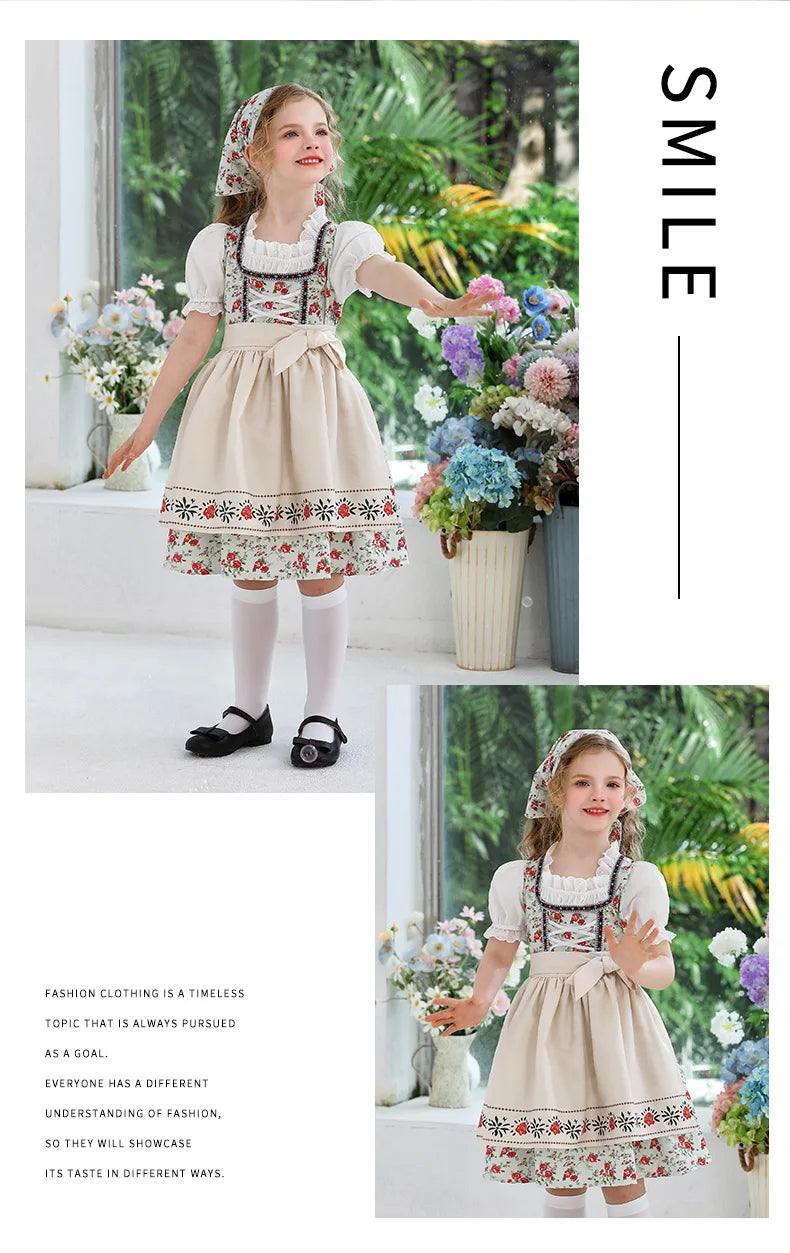 IOOTIANY Deutsches Münchner Oktoberfest Kinder Mädchen Blume Rüschen Spitze Lolita Pastoral Kleid Dienstmädchen Cosplay Performance Kostüm Set
