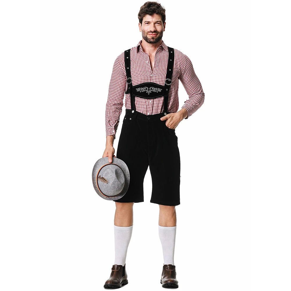 Dreiteiliges Set Oktoberfest Lederhosen Kostüm für Herren Bayerische Deutsche Bierfeste Hosenträger Hemd Hut Cosplay Bier Outfits