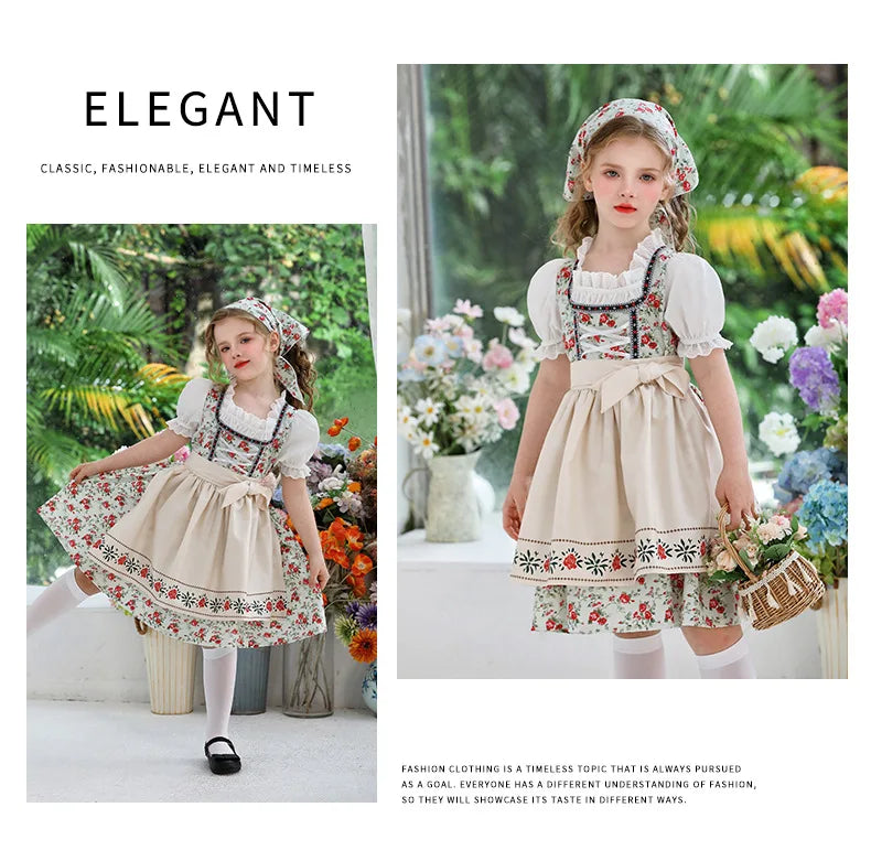 IOOTIANY Deutsches Münchner Oktoberfest Kinder Mädchen Blume Rüschen Spitze Lolita Pastoral Kleid Dienstmädchen Cosplay Performance Kostüm Set