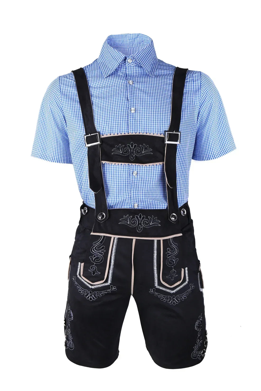 Männliches deutsches Oktoberfest-Lederhosen-Kostüm, kurzärmelig, Hosenträger, Strampler, Hemd, Hut, bayerisches Bierfest, Herren-Cosplay-Outfit