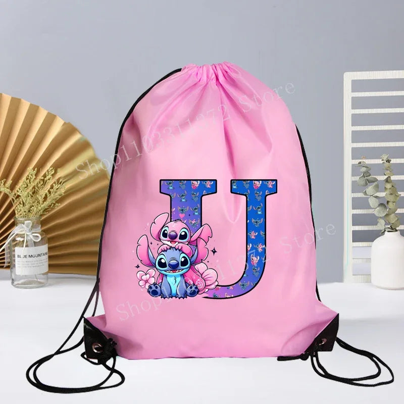 Disney Stitch Drawstring Bag Letter A-Z Printed Girl Kids Adult Gym PE Kit Sack Dance Portable Waterproof Light Travel Pouch Bag